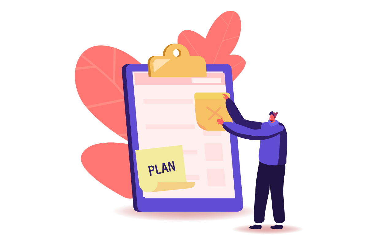A graphic of a clipboard with a list of hypthetical items and sticky note that says: "Plan." A human figure is adding a new sticky note.